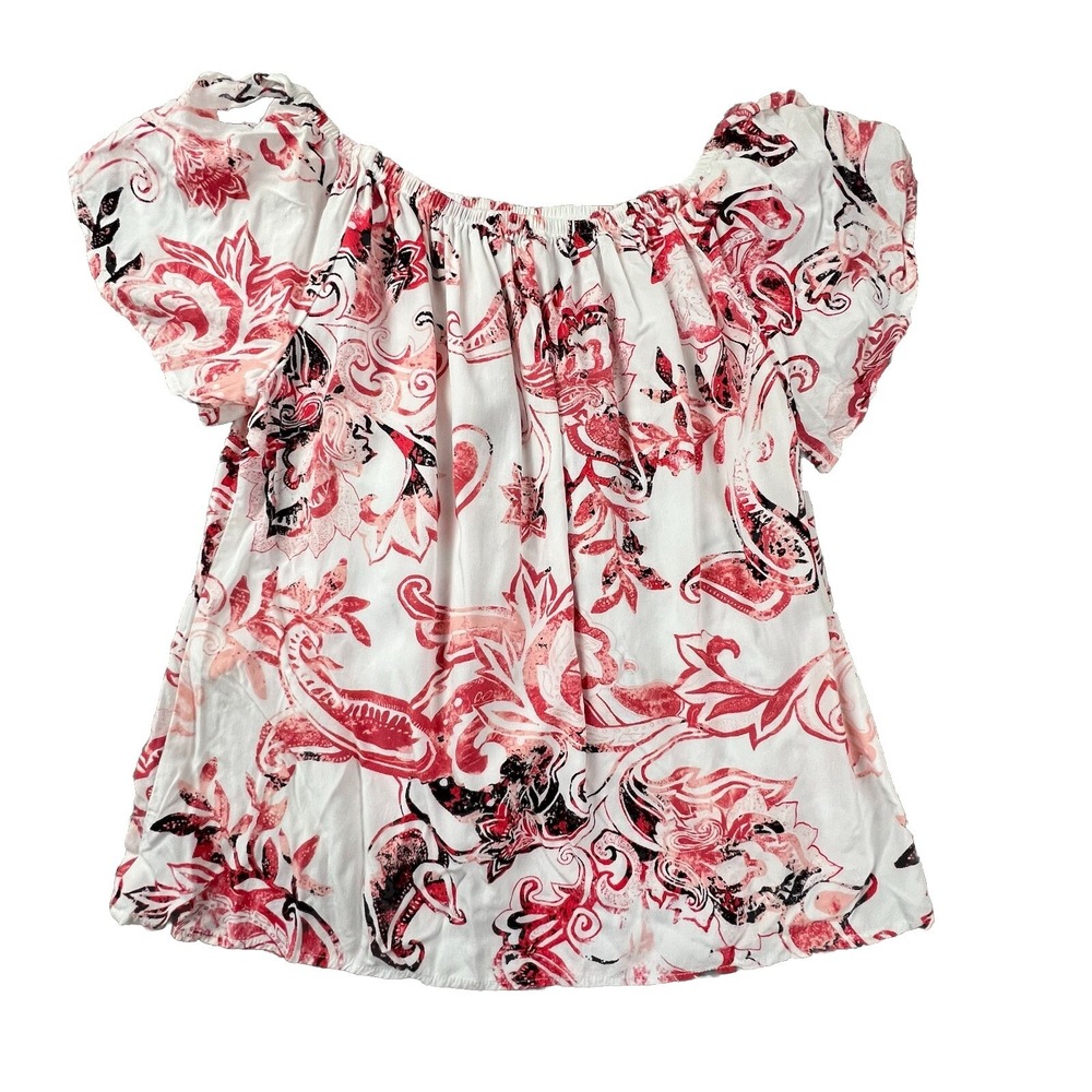 WHBM Paisley Off-The-Shoulder Blouse Women XS Pink White Rayon Peasant Top - Picture 2 of 6